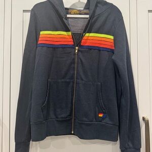Aviator Nation Black Zippered Hoodie with Orange and Yellow Stripes